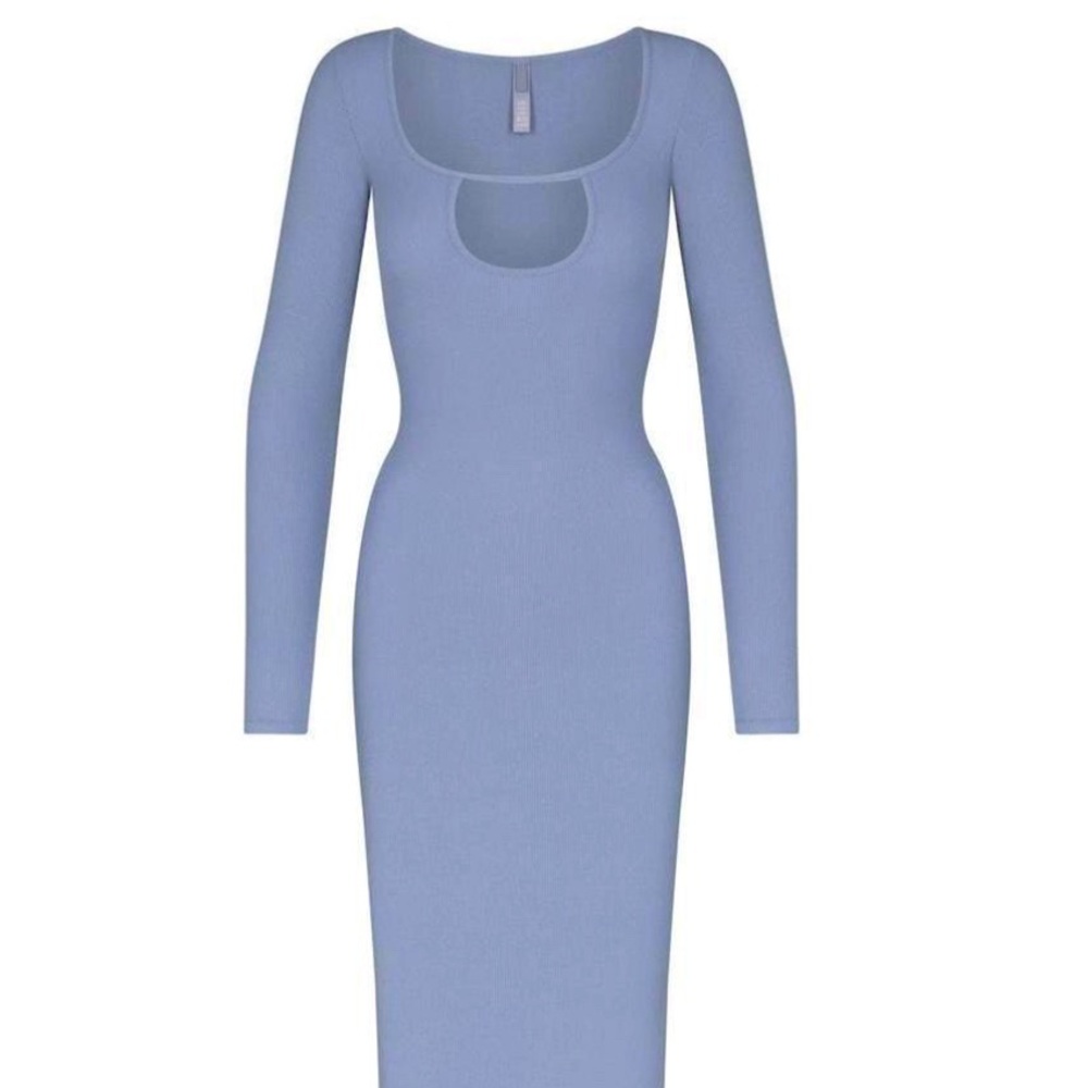 SKIMS Blue Ribbed Long Sleeve Bodycon Dress